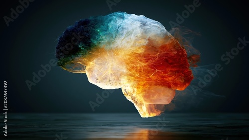 Holographic brain made of glowing smoke in vibrant colors.