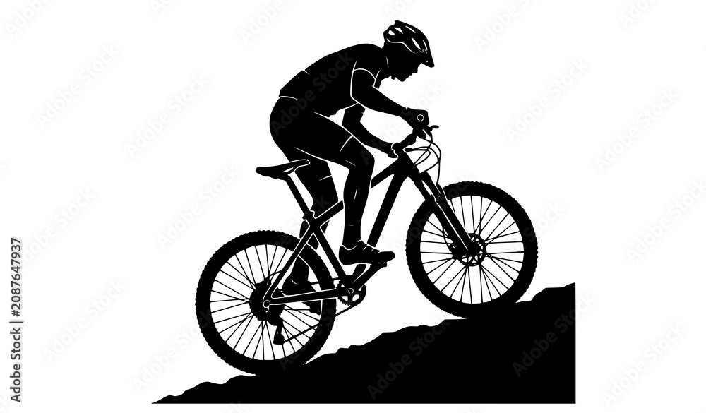 Fototapeta premium Mountain Bike Cyclist Uphill Black Silhouette Vector Illustration EPS