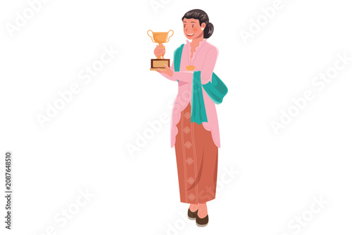 Indonesian woman wearing kebaya holding gold trophy cultural achievement award