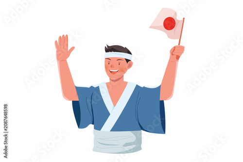 Man in traditional kimono waving hand holding Japan flag cultural celebration