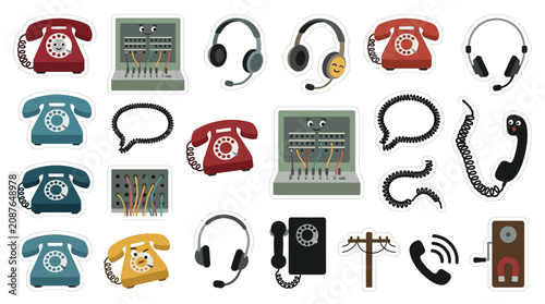 Collection of vintage and modern communication devices, including rotary phones, switchboards, headsets, and telephone cords.