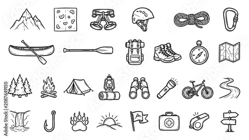 Outdoor camping and hiking adventure icon set with adventure mountain climbing