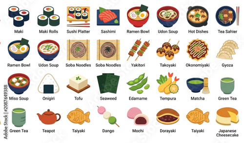 Fotografie Big Set of Japanese Food Icons – Traditional Cuisine Vector Collection