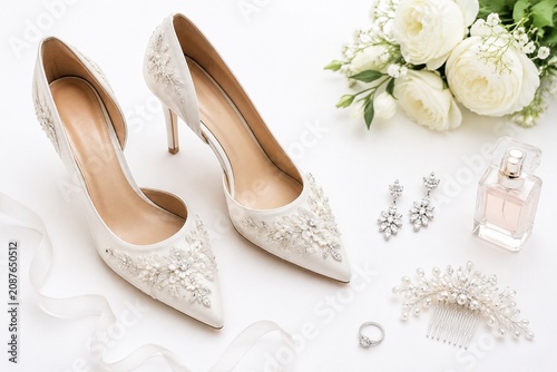Elegant wedding shoes and accessories arranged beautifully on a clean white surface.