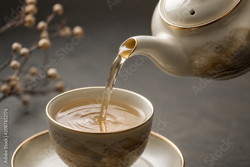 An elegant porcelain teapot pouring tea into a matching cup.