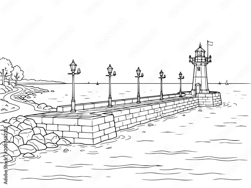 Fototapeta premium Coloring page of a coastal pier with a lighthouse and lamp posts