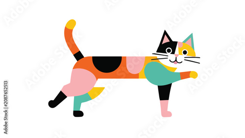 Colorful drawing of a playful cat with abstract shapes and bright hues on plain background