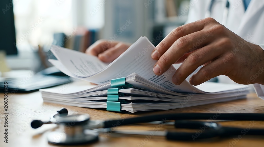 Obraz premium Doctor Examining Medical Patient Health Records and Clinical Documentation at Hospital Desk