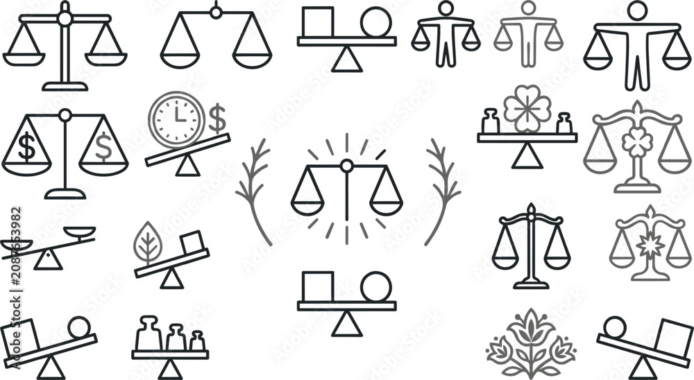 Fototapeta premium Justice scale and business balance icon set with law equity and stability thin line vector illustrations.