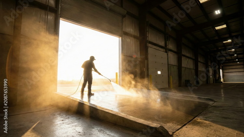 Warehouse worker pressure washing floor at bay door with bright backlight and dust, industrial maintenance and facility upkeep.