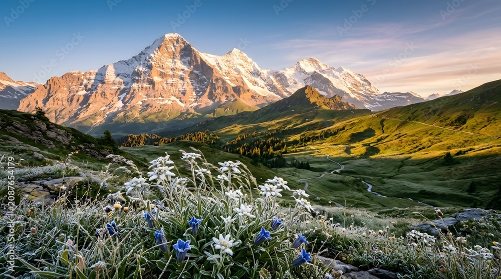 Obraz premium Majestic eiger mountain in the swiss alps at sunrise with alpine wildflowers in foreground