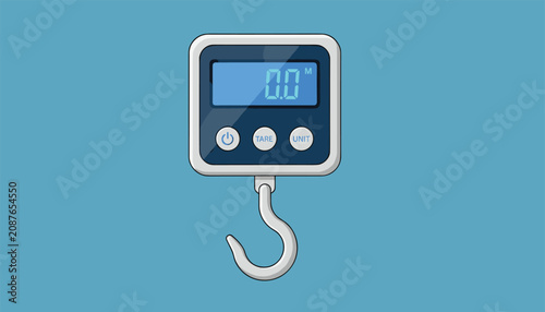 Electronic digital hanging hand scale with a hook for weighing luggage, travel bags, or fish on a blue background.