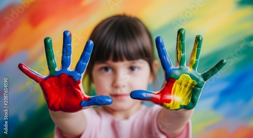 Child displaying colorful painted hands creative expression and art concept
