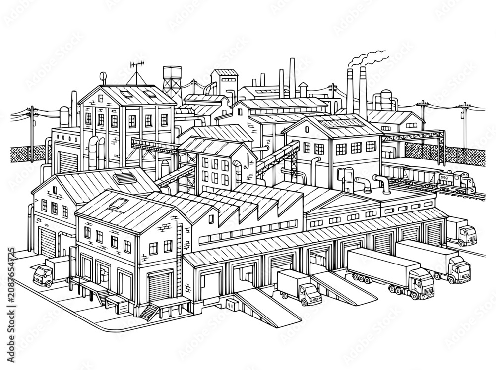Obraz premium Industrial Factory Complex and Logistics Warehouse Line Art Illustration