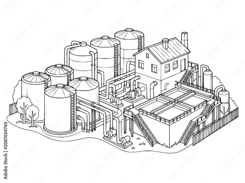 Obraz premium Isometric Water Treatment Plant Line Art Illustration Coloring Page