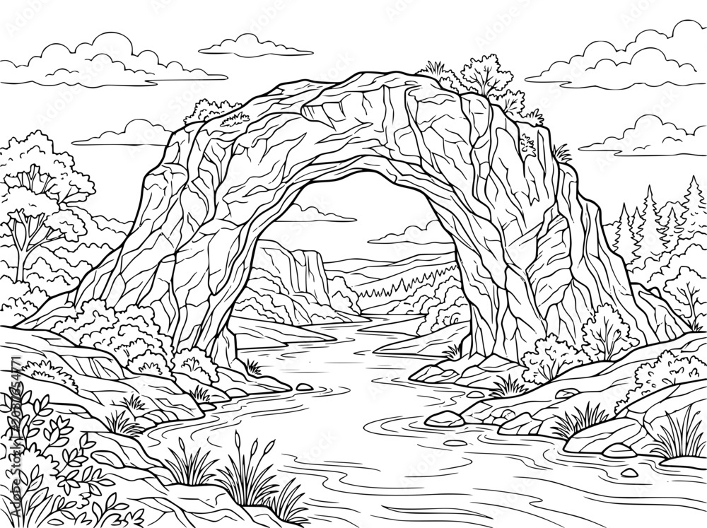 Obraz premium Natural Rock Arch Bridge Over Scenic River Landscape Coloring Page