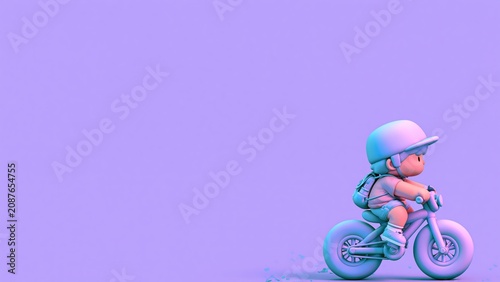 Cute 3D character riding bicycle on purple background.