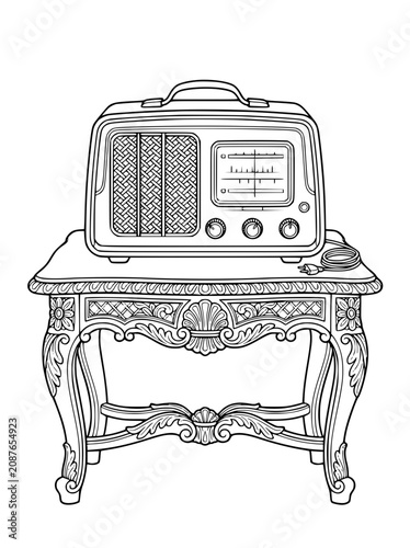 Vintage Retro Radio on Ornate Antique Table Coloring Page Illustration