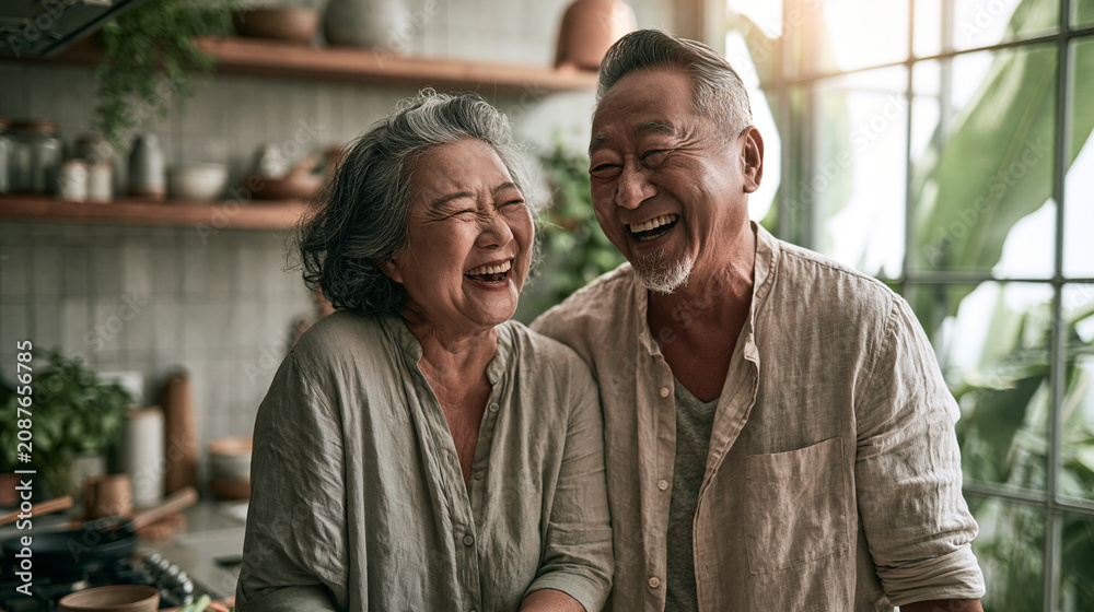 Fototapeta premium Joyful senior couple cooking together in kitchen