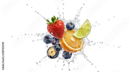 Fresh strawberry, orange slice, lime wedge, and blueberries splashing in clear water with droplets flying against a solid black background
