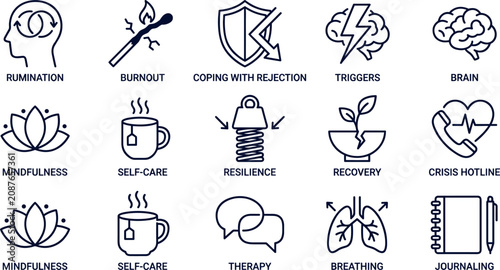 фотографія Vector outline icon set of mental health and therapy elements featuring ruminati