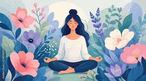 Photos Serene Woman Meditating in Bloom Garden, Peaceful Nature Scene, Wellness and Min
