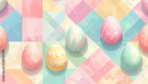 Easter eggs are displayed on pastel background