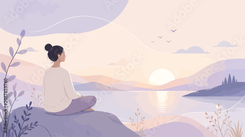 Obraz na płótnie Woman Meditating by Calm Lake at Sunrise, Serene Landscape with Soft Pastel Colo
