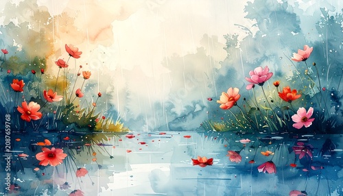 Vibrant flowers bloom near serene lake