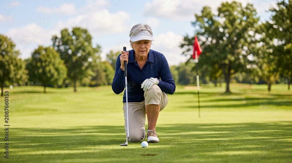 Obraz premium An older woman playing golf on a sunny day, focused on her shot on the green