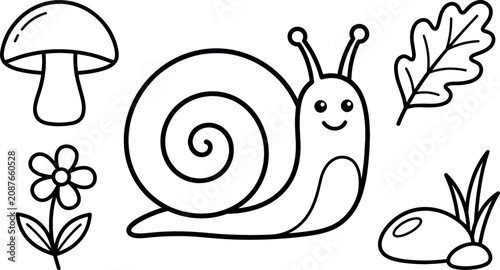 Cute Snail with Mushroom, Flower, Oak Leaf, Grass, and Stone Coloring Page Set for Kids Books and Garden Designs