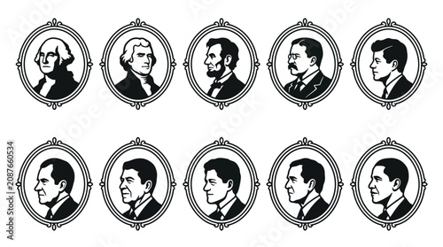 Canvastavla Set of black and white silhouettes of famous American presidents in vintage oval frames