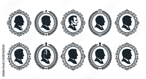 Foto Set of ten vintage circular frames with silhouettes of American presidents in profile view