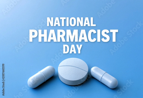 Celebrate national pharmacist day with blue pills and capsules on a smooth background