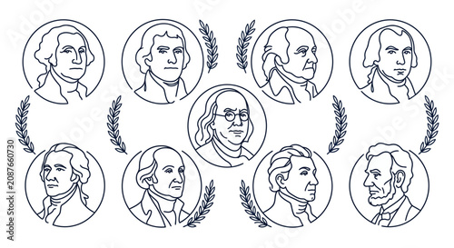 Bild auf Leinwand Set of line art portraits of famous historical American founding fathers and presidents