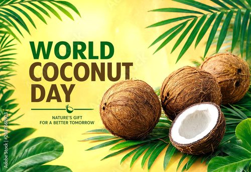 Celebrate world coconut day with fresh coconuts and green palm leaves on vibrant background