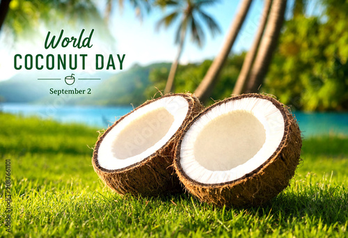 Celebrate world coconut day with fresh open coconuts in tropical beach setting and scenic nature background