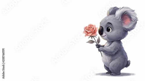 A small gray koala, in the paws of a koala, carefully holds one blooming rose. A photo with a place for the text.