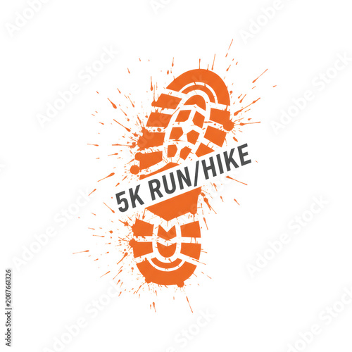 Orange hiking boot footprint silhouette with textured ink splatter and rugged tread patterns on a transparent background, energetic outdoor adventure concept