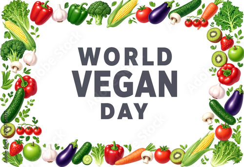 Colorful fresh vegetables and fruits border celebrating world vegan day with text