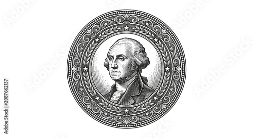 Konstfotografi Engraved portrait of George Washington inside a decorative circular frame isolated on white background