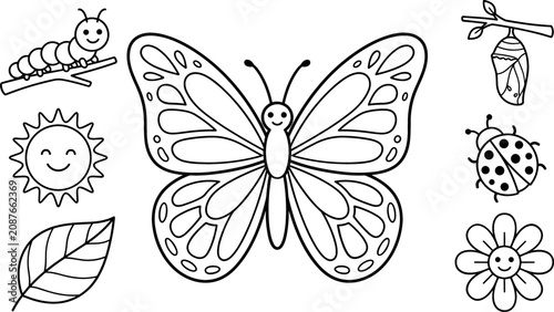 Cute Butterfly Life Cycle Set with Caterpillar, Cocoon, Ladybug, Sun, Flower, and Leaf Coloring Page for Kids Books