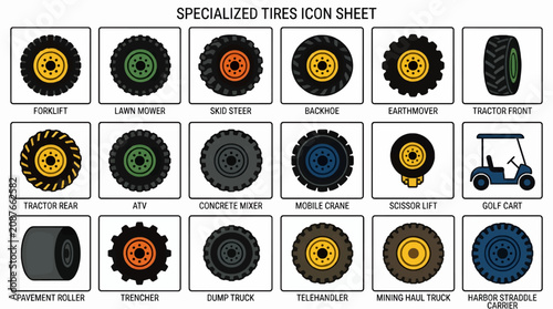 Obraz na płótnie Flat Vector Icon Set of Specialized Tires and Vehicles, Including Forklift, Lawn