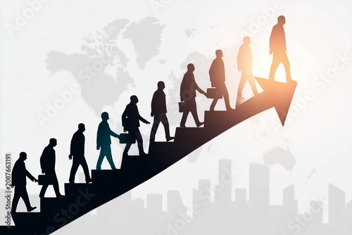 World Population Day concept with diverse silhouettes ascending arrow toward global growth and progress