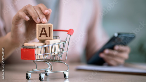Artificial Intelligence Shopping Assistant and Smart E-Commerce Concept with Shopping Cart, Mobile Technology and Artificial Intelligence Innovation