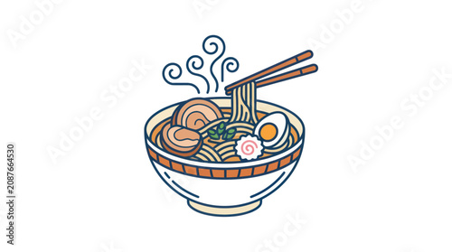 Fotografie Steaming bowl of noodles with chopsticks.