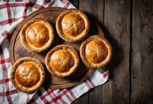 Five golden meat pies on wo...