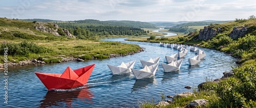 Leadership and Competitive Advantage Concept with Red Paper Boat Leading the Way