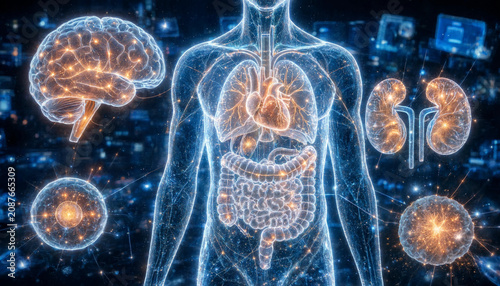 Human body silhouette with glowing internal organs, brain, kidneys, and digestive system in a dark digital technology environment