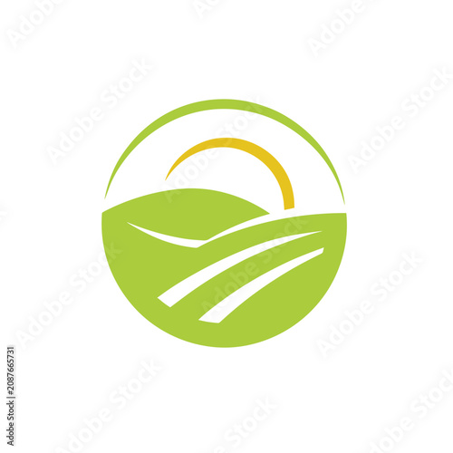 Green landscape with sun logo